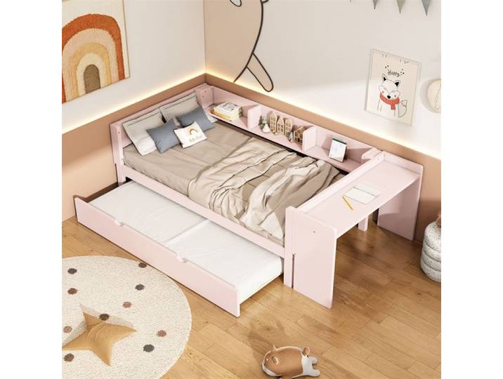 Lit enfant - SINGULARITY - 90 x 200 - Lit gigogne - Bureau intégré - 3 étagères latérales