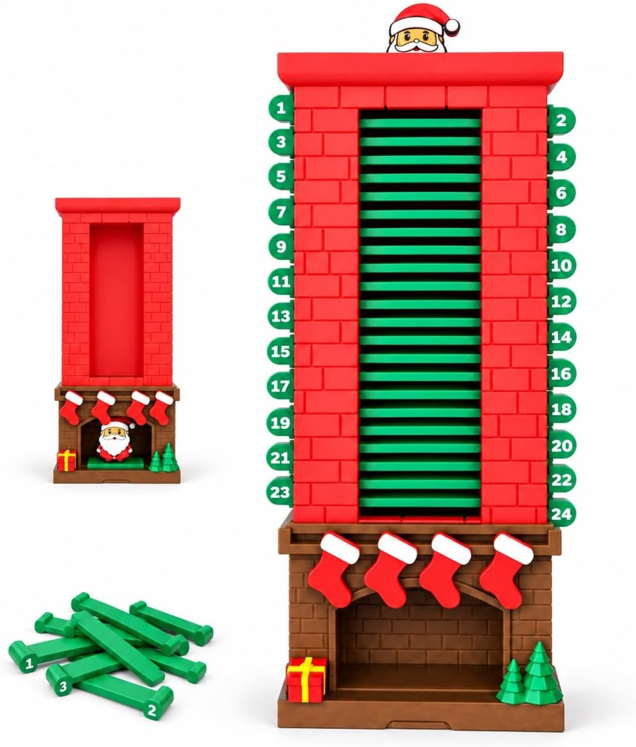 Herbruikbare mechanische kerstadventskalender met Kerstman en schoorsteen ontwerp voor 24 dagen