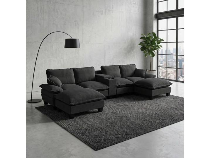 Luscriate - Canapé U modulable 6 places chenille cloud sofa USB porte-gobelets coffre rangement 2 ottomanes coussins - Noir