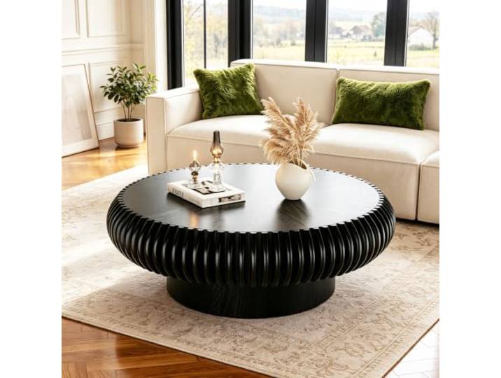 LOVEHOUGES Runder, geriffelter Couchtisch mit Massivholzfurnier Handgefertigter, moderner Couchtisch in Trommelform – einfache Montage – ideal für Wohnzimmer, kleine Apartments