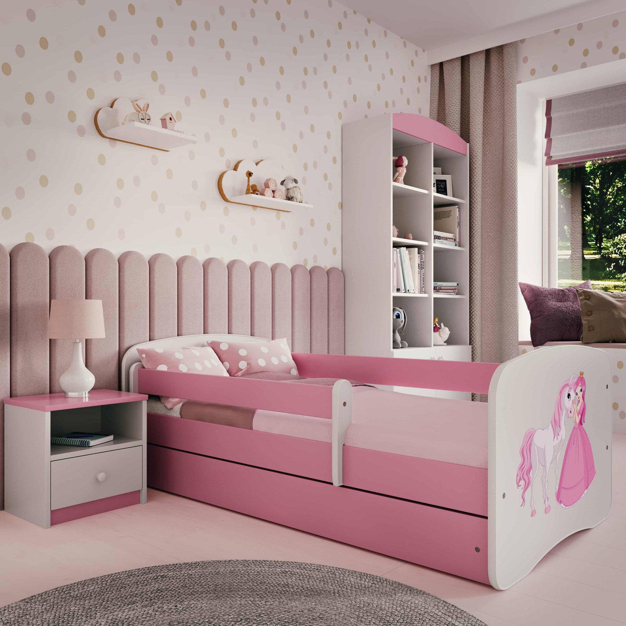 Kinderbett Rosa 70x140 80x160 80x180 cm - mit Matratze, Rausfallschutz und Schublade - Jugendbett für Mädchen - Stabil und Sicher - Prinzessin und Pferd - 160x80 cm
