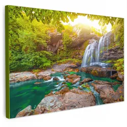 LEINWANDBILD Natur - Wasserfall - Pflanzen - Bäume - Sonne Wohnzimmer Groß 120x80 cm