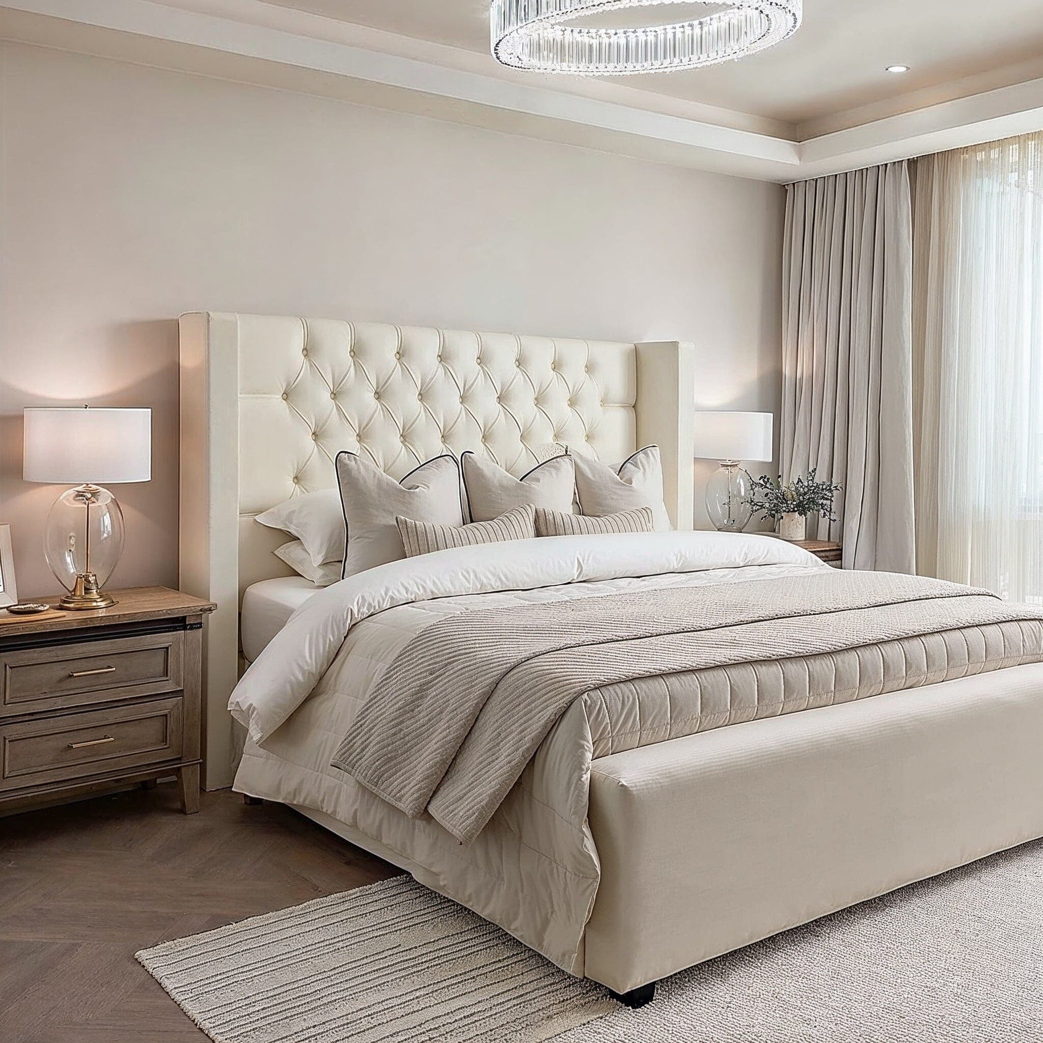 Harper Classic Luxury Ivory Textured Buttoned Winged Chunky Ottoman Storage Bed, Super King