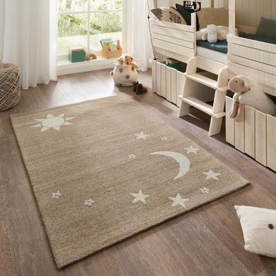Kinderteppich THEKO "Gaia Kids Sky", beige (sand), B:140cm H:10mm L:200cm, Schurwolle, Teppiche, Kinderteppich, getuftet, reine Schurwolle, Motiv Mond & Sterne, Kinderzimmer