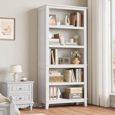 Garvee "71"" 5-Tier Farmhouse Wooden Bookcase with Adjustable Shelves, White"