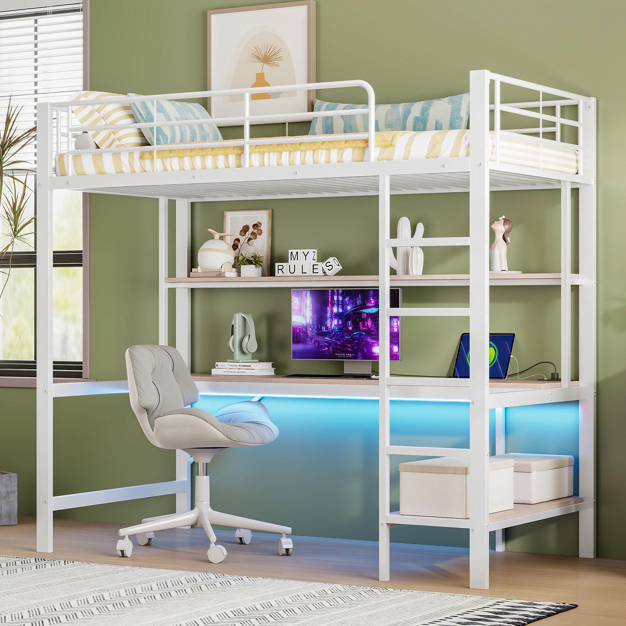 Merax Etagenbett Hochbett 90x200 cm, mit LED-Beleuchtung, USB & Steckdose, Schreibtisch & Regal, Metallgestell, Kinderbett Stockbett, Weiß