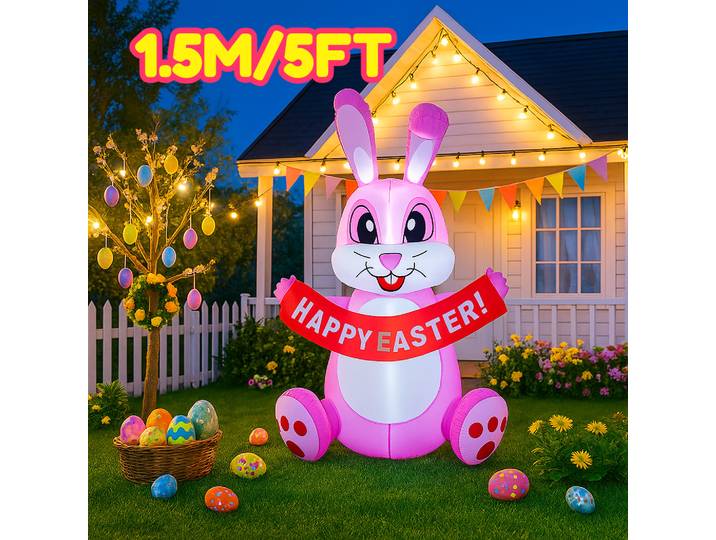 Jouet gonflable joyeux pâques de 5 pieds, lapin rose, bannière à tirer, décor, lumière LED intégrée, soufflé à l'air, décorations d'accessoires de pâques pour fête en plein air