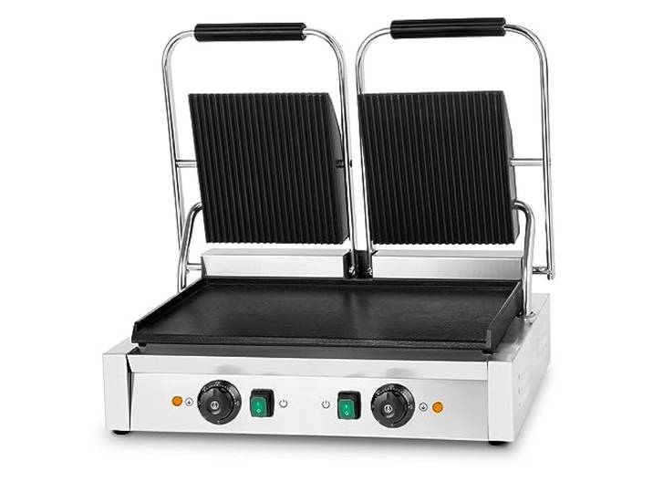 VERTES Kontaktgrill doppelt, Gusseisen Grillplatte oben gerillt/unten flach, 3600 W Gastro Multigrill für Fladenbrot, Fleisch, Gemüse, Sandwich, Edelstahlgehäuse, regelbar 0-300°C, teflonbeschichtet