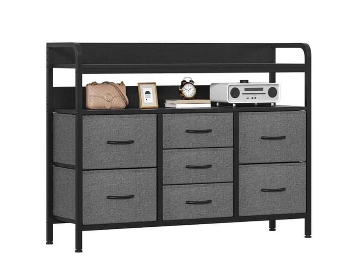 Commode de rangement 7 tiroirs 2 étagères ouvertes grande capacité cadre métallique organisateur vêtements accessoires chambre