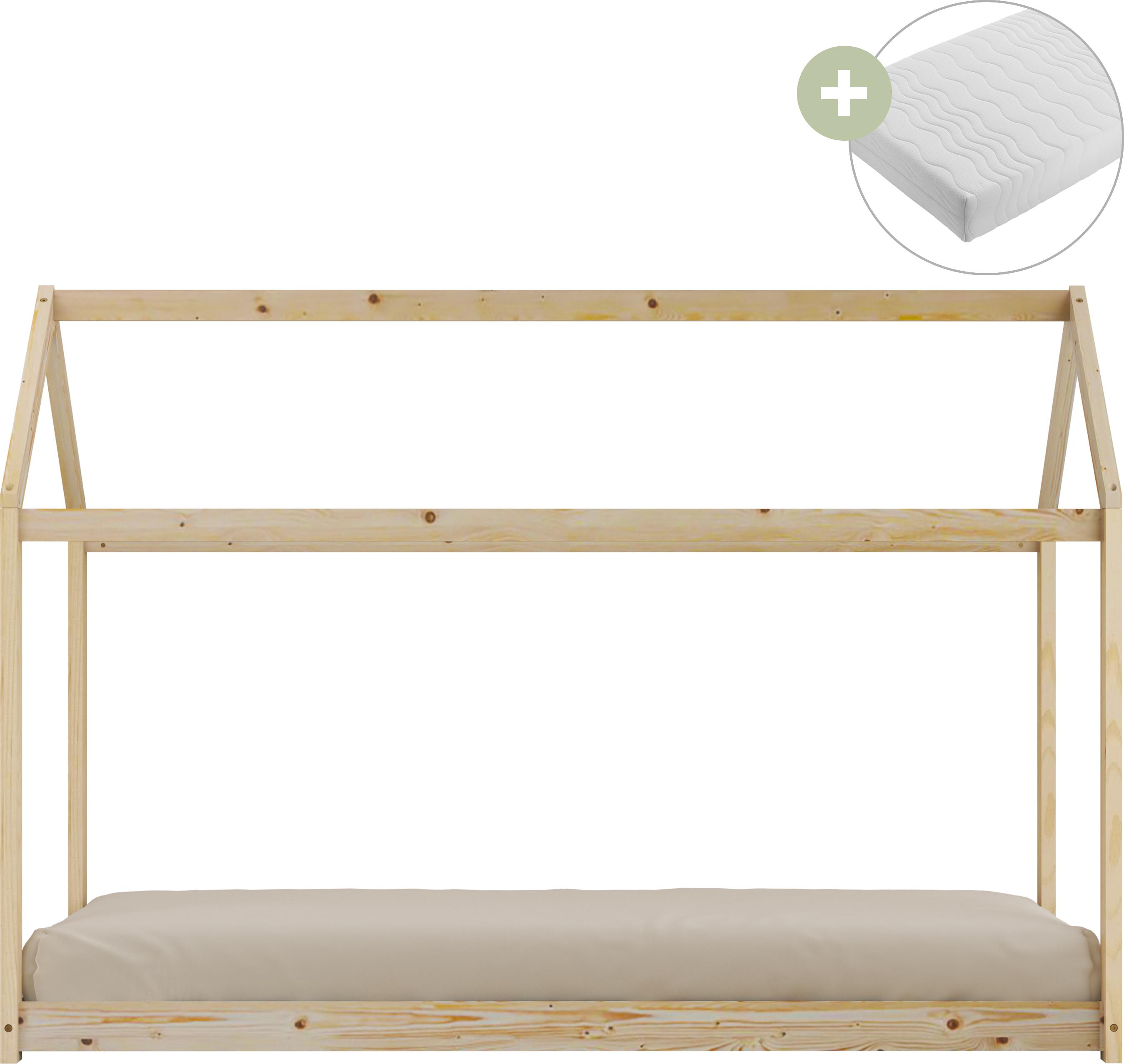 Sunny Zoey Hausbett aus Holz in Naturfarben | Kinderbett in Haus Form Mit Matratze | Einzelbett in 206 x 98 x 154 cm | Für Matratzengröße: 90 x 200