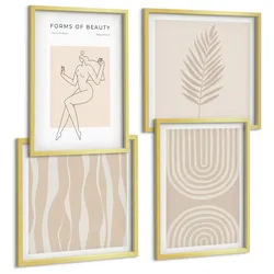 BILDER SET 4er Set - 50x50 cm & 40x60 cm Goldrahmen - Abstrakte Boho-Dekorationen