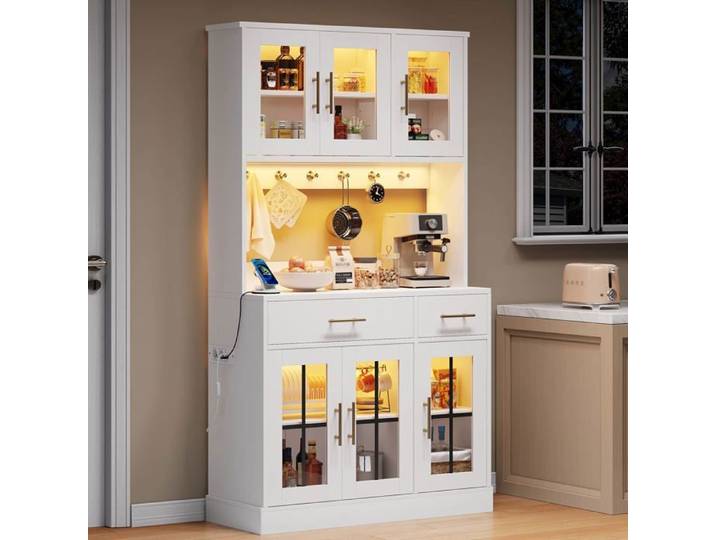 Buffet Cuisine 100x40x180cm 6 Portes 2 Tiroirs LED Connectée Prises Étagères Réglables Blanc Style Maison de Campagne