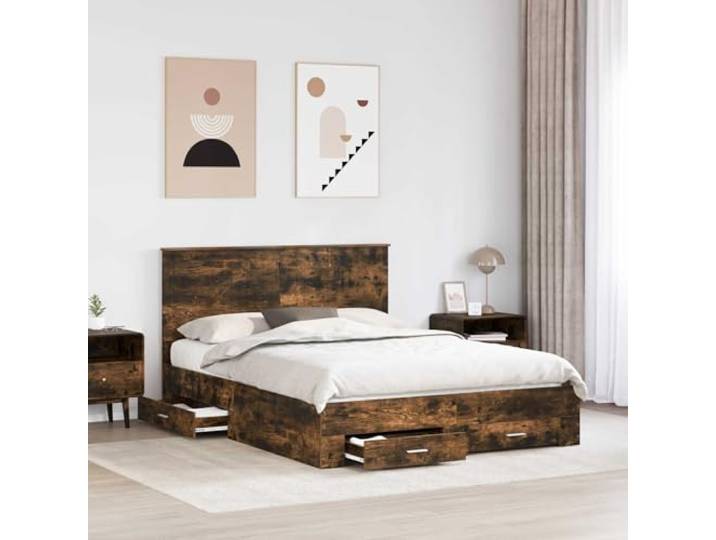 KTHLBRH Bettgestell Eiche Rauchgrau 150 x 200 cm Mehrschichtiges Holz, minimalistisches Design, mit Behälter, moderner Rahmen