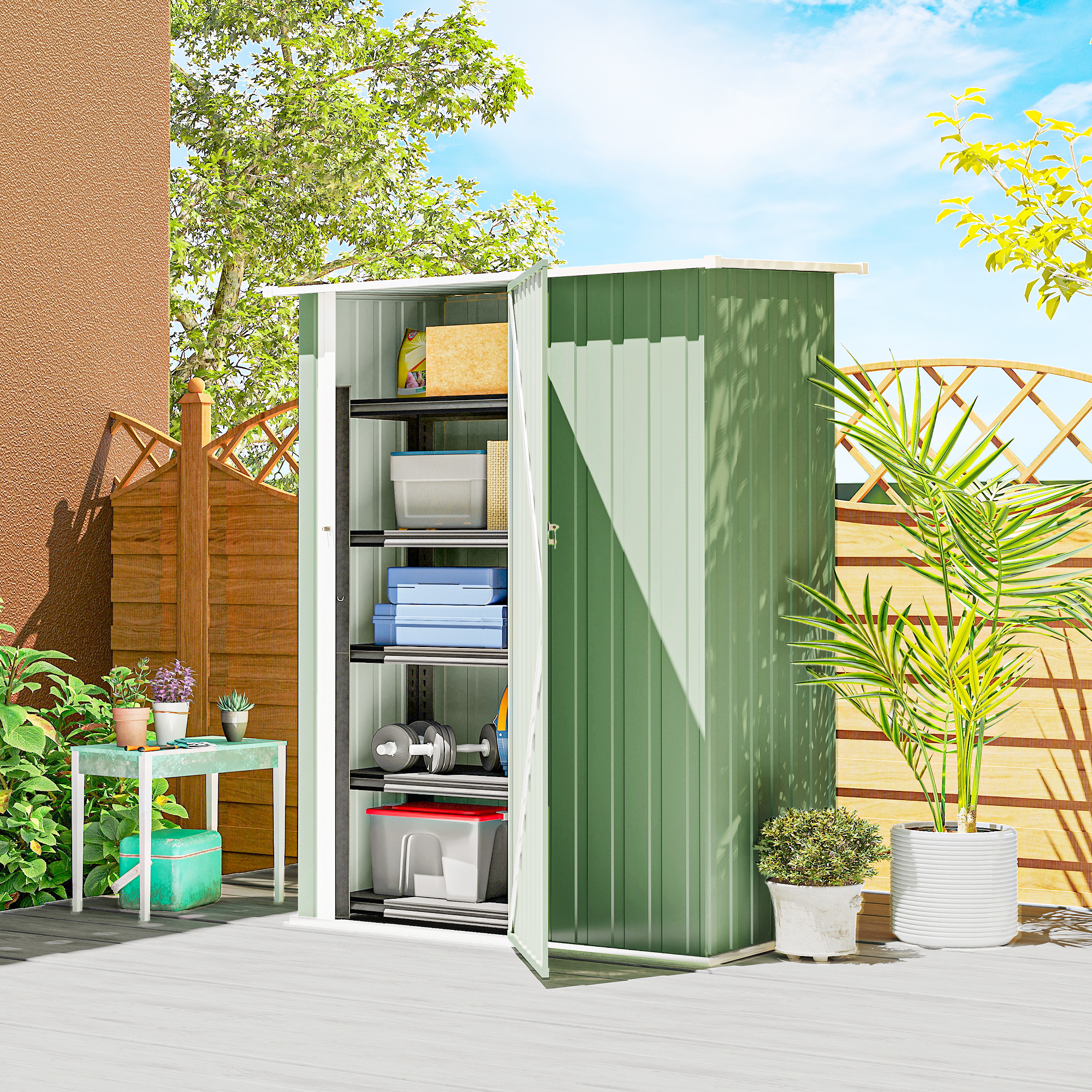 Outsunny Capanno Porta Attrezzi in Metallo con Tetto Inclinato e Porta Bloccabile, 142x86x189 cm, Verde Chiaro   Aosom Italy