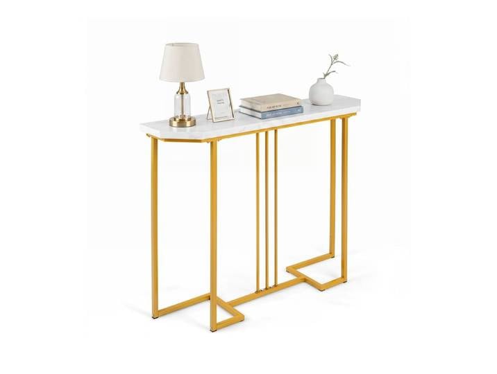 Table Console Effet Marbre - COSTWAY - Console Étroite Plateau Anti-Rayures Cadre Métal Doré Table Canapé Salon 110x30x91CM