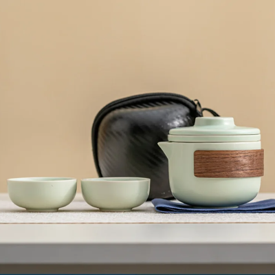 Modern Mode Marketplace Portable Ceramic Travel Tea Set With One Pot And Two Cups green