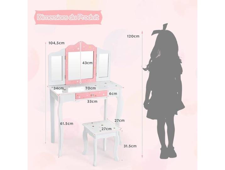 GIANTEX Coiffeuse Enfant Fille avec Miroir à 3 Volets Amovible et Tiroir Table de Maquillage avec Tabouret Blanc