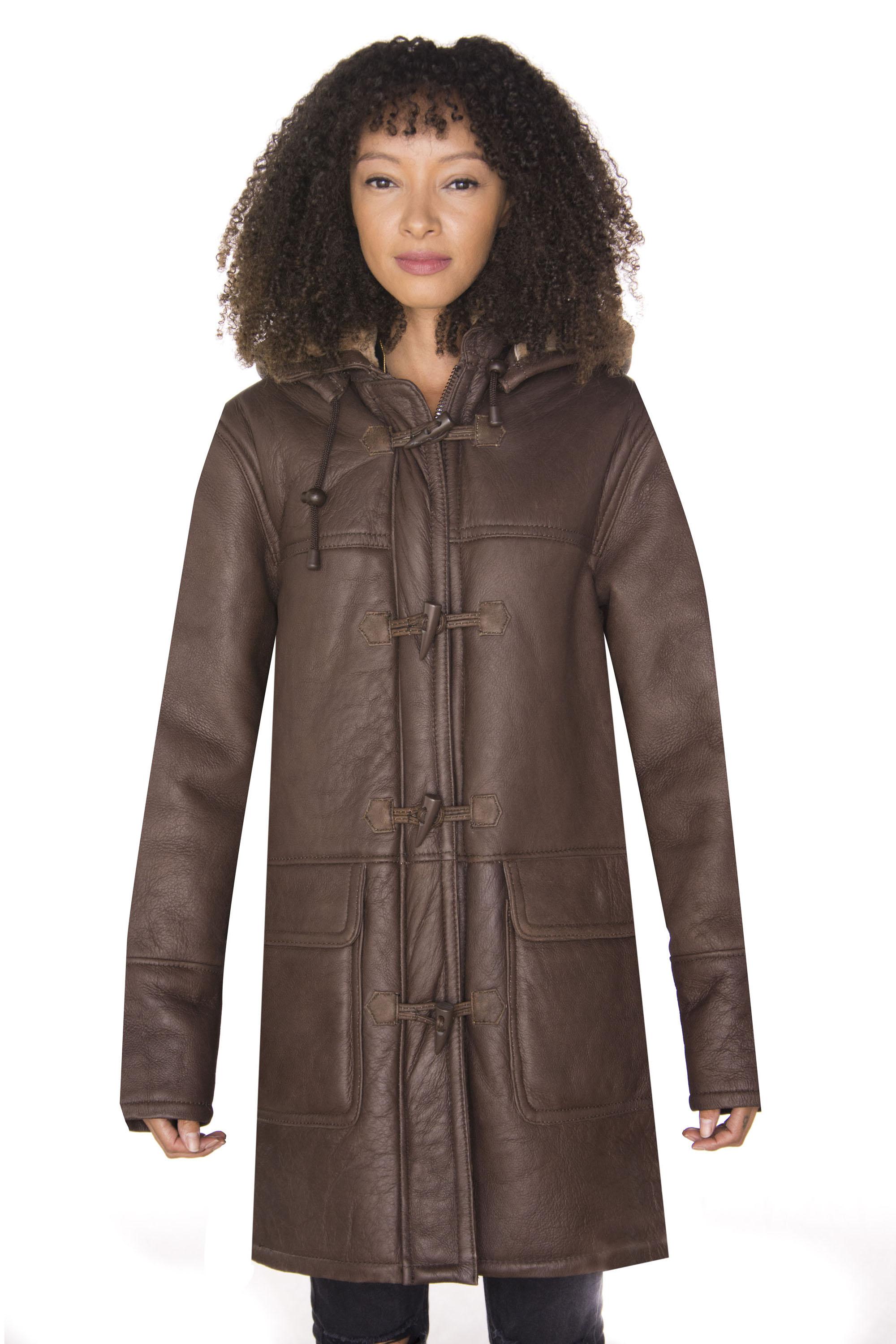 Brauner Damen-Dufflecoat aus Schafsleder mit Kapuze – Charlotte