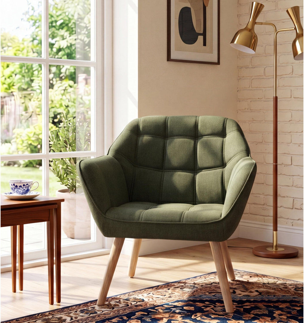 George Oliver Chittum Modern Upholstered Armchair Accent Chair Solid Wood Frame for Living Room Green 79cm H X 80cm W X 73cm D