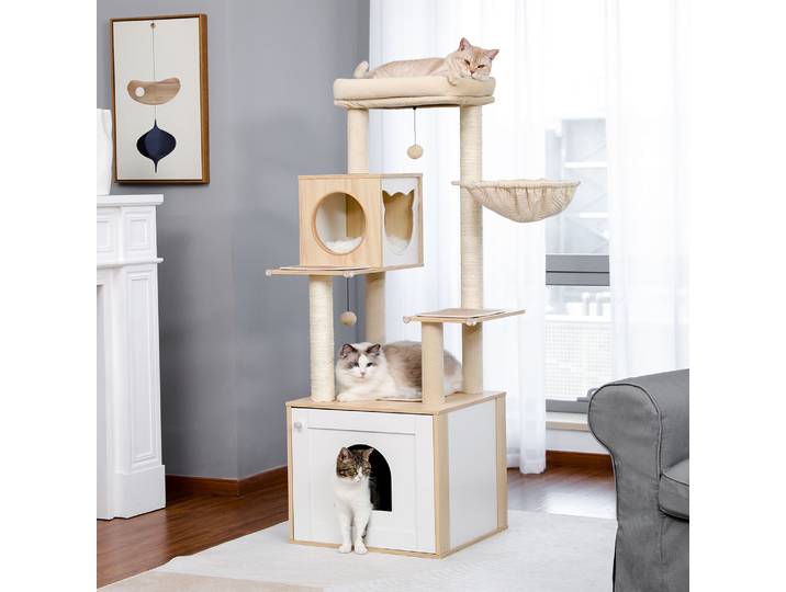 Grand Arbre à Chat avec Bac à Litière en Bois, Tour avec Armoire de Rangement et Poste à Gratter Couvert en Sisal