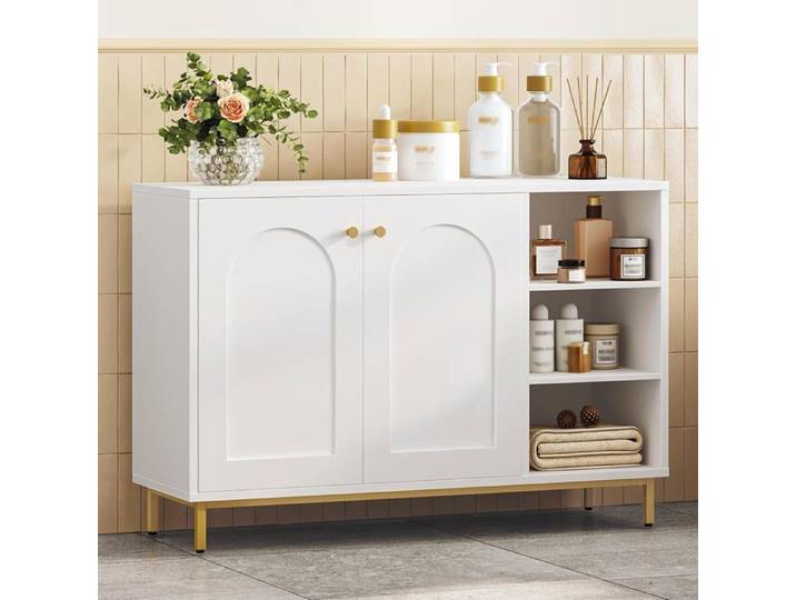 Meuble de Salle de Bain Meuble de Rangement Placard Rangement avec 2 Portes avec Compartiment Ouvert Meuble Bas Rangement Blanc-Or