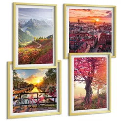 BILDER SET 4er Set - 50x50 cm & 40x60 cm Goldrahmen - Berglandschaften mit dem Fahrrad