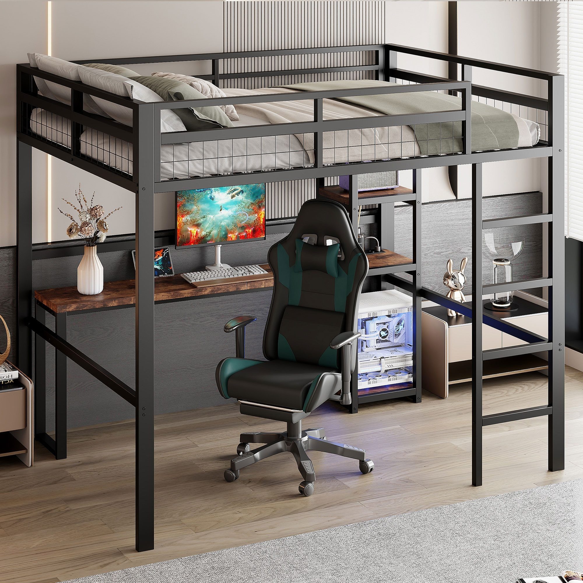 Odikalo Kinderbett Hochbett Jugendbett Metallbett Regalböden Schreibtisch USB 140x200cm Schwarz