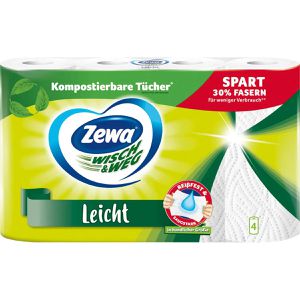 Zewa Küchenrolle Wisch&Weg leicht, 30% weniger Fasern, 2-lagig, 48 Blatt je Rolle, Zellstoff, saugstark & reißfest, 4 Rollen