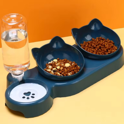 Friendly Fresh Finds Triple Cat Bowls Pet Feeder Double Bowls With Automatic Drinking Bottle, Tilted And Rotatable Design For Cats. Triple Cat Bowls Pet Feeder Double Bowls With Automatic Drinking Bottle, Tilted And Rotatable Design For Cats.