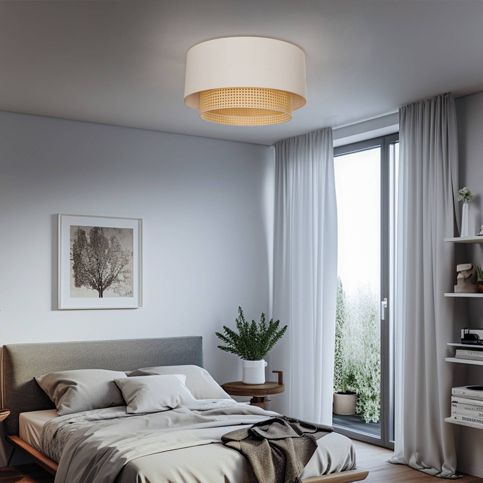 Deckenlampe Boho Duolla, dimmbar, weiß / opal, für Schlafzimmer, Textil / Stoff / Seide, Deckenlampe