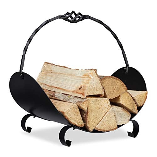 Relaxdays Houtmand haardhout zwart met handvatten, B/D/H: 43,5 x 42,1 x 30 cm
