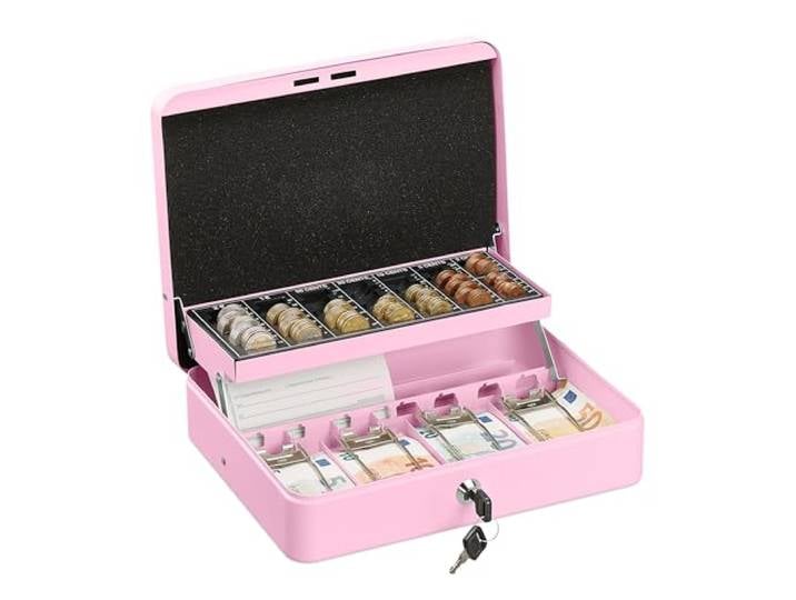 Relaxdays Caisse à monnaie\, verrouillable\, monnayeur & 4 compartiments à billets\, fer\, HLP 8\,5 x 30\,5 x 24\,5 cm\, rose