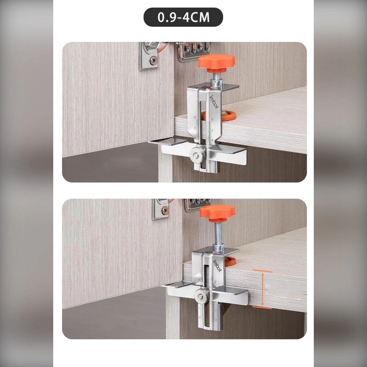 INF Verstellbare Schranktür-Montagehilfe aus Edelstahl mit oberen und unteren Laserskalen für 0.9-4cm Platten
