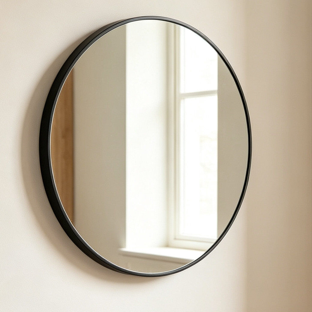 17 Stories Nordic Style Round Wall Mounted Bathroom Mirror Black 70cm x 70cm