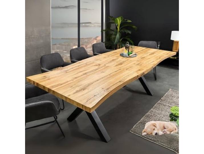 LEBENSwohnART Ausziehbarer Esstisch Oakland 160-200cm Wildeiche-Design Baumkante schwarzes X-Metallgestell