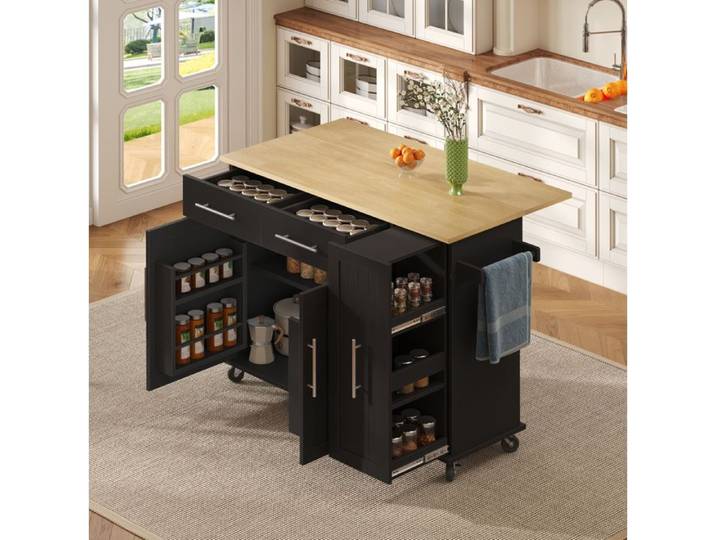 VUENOR Îlot central de cuisine 120x40 cm noir et naturel – plateau rabattable
