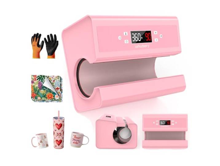 Automatische Tassenpresse, Sublimations-Transfermaschine für Becher, Tassen, Kaffeetassen, Trinkflaschen und Taschen, Präzise Zeit und Temperaturregelung, Druckanpassung per Knopfdruck (Rosa)