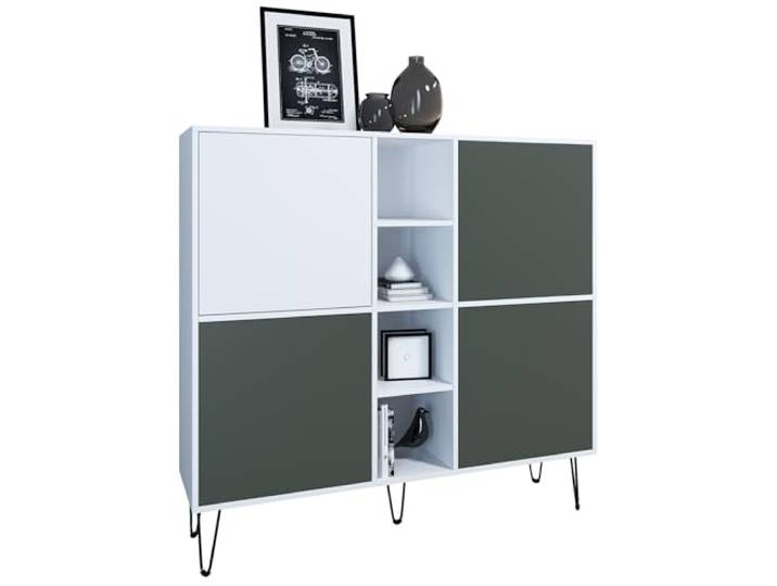 Vladon Highboard Havana V3, Kommode mit 4 Türen und 4 offene Fächer, Kommode Made in Germany, Weiß matt/Fjord Grün (130,5 x 124 x 35 cm)