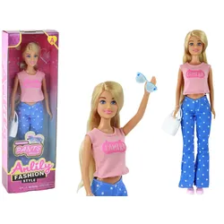 Anlily Kinderpuppe, langes blondes Haar, Handtasche, Brille, rosa Bluse
