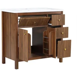 Merax Waschtisch 91 x 48 x 88 cm mit Keramikwaschbecken, Wellenfront, 4 Schubladen und Doppeltür, Nussbaum