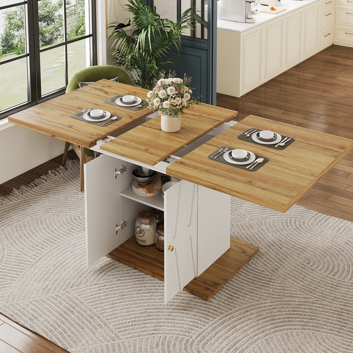 FLIEKS Uitschuifbare Eettafel met Houten Fineer en Reliëfdecoratie voor Keuken en Woonkamer