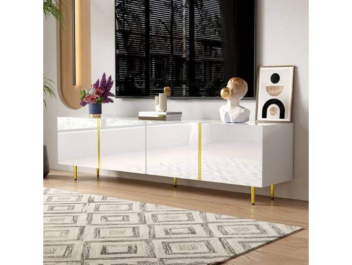 Armoire TV haute brillance avec quatre portes moderne et sobre en blanc