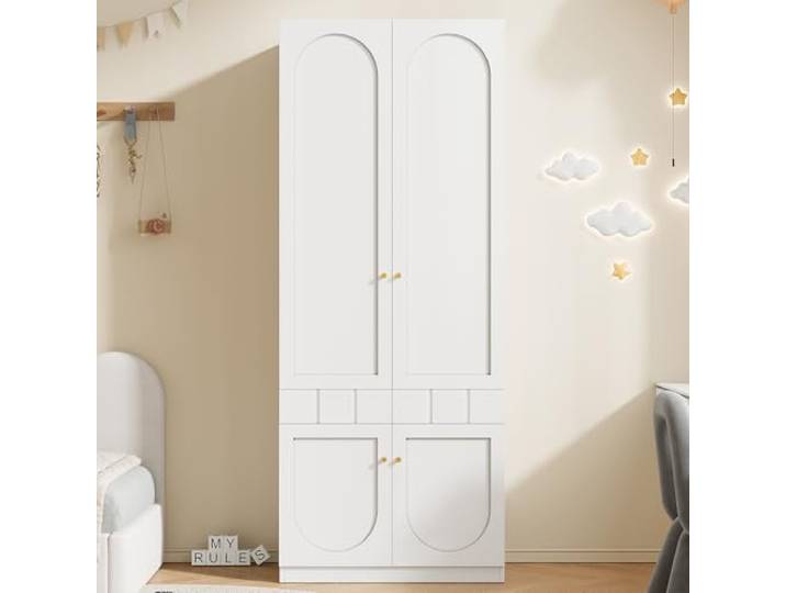 Merax Kinderkleiderschrank mit Push-to-Open Schubladen, 2-türiger Kleiderschrank für Kinderzimmer mit Kleiderstange & Metallgriffen, Aufbewahrungsschrank Weiß lackiert, 80x50x200cm