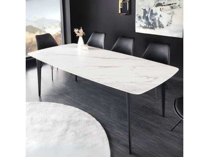 LEBENSwohnART Eleganter Esstisch Venezia 160cm Weiss-schwarz Marmor-Optik Keramik schwarzes Metall-Gestell Retro