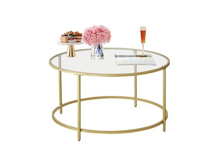 VASAGLE Table Basse Salon Meuble de Salon en Verre Cadre en AER Table Basse Ronde Doré