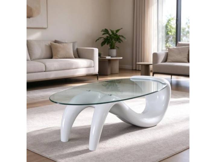 YHTCSXMD Moderner Ovaler Couchtisch mit Glas, S Design für Wohnzimmer 10mm gehärtete Glasplatte, ABS Basis in S-Form, Couchtisch oval mit moderner Optik, für Wohnbereich
