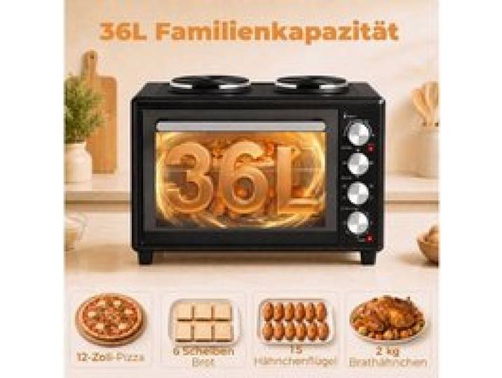 Mini-four électrique 36 L noir avec plaques de cuisson convection rôtissoire et minuterie 60 min