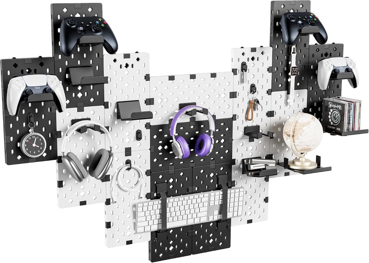 Modulair gaming pegboard wandmontage met 14 accessoires voor controller, hoofdtelefoon en videogames, geschikt voor Xbox, PS5, PS4 en Switch