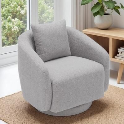 360 Degree Rotating Barrel Chair with Cushion Pillow, Teddy Fabric Upholstered Accent Armchair with Sturdy Wooden Frame