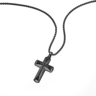 Kette mit Anhänger POLICE "Crossroads Kreuz", schwarz, Halsketten, Herren, Edelstahl, L: 55 B: 2,5mm, mit Kristallstein (synth.), B:2,5mm